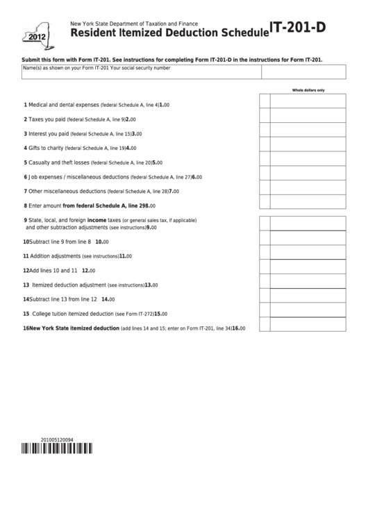 Fillable Form It-201-D - Resident Itemized Deduction Schedule - 2012 Printable pdf