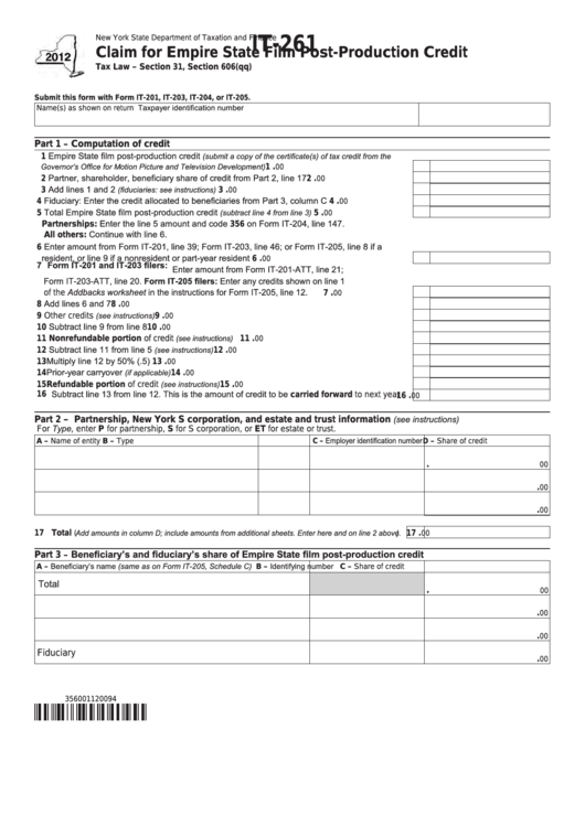 Fillable Form It-261 - Claim For Empire State Film Post-Production Credit - 2012 Printable pdf