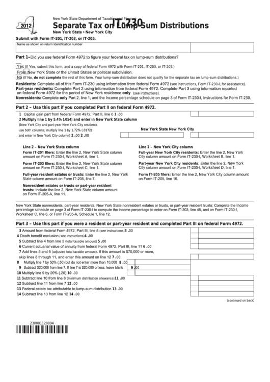 Fillable Form It-230 - Separate Tax On Lump-Sum Distributions - 2012 Printable pdf