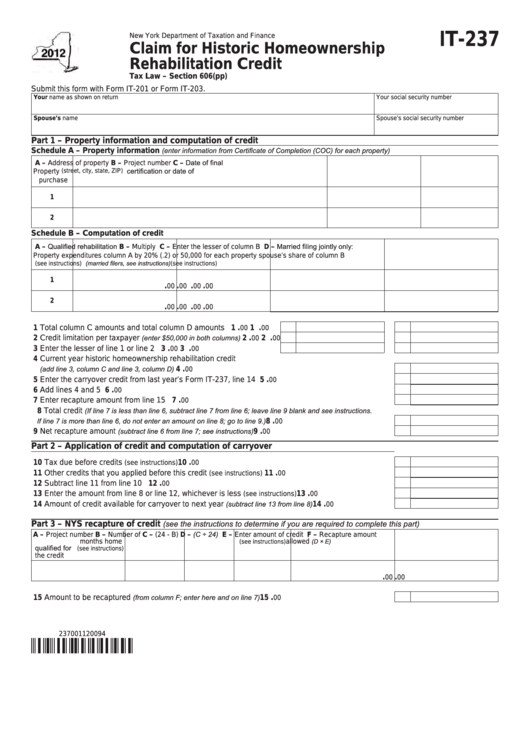 Fillable Form It-237 - Claim For Historic Homeownership Rehabilitation Credit - 2012 Printable pdf