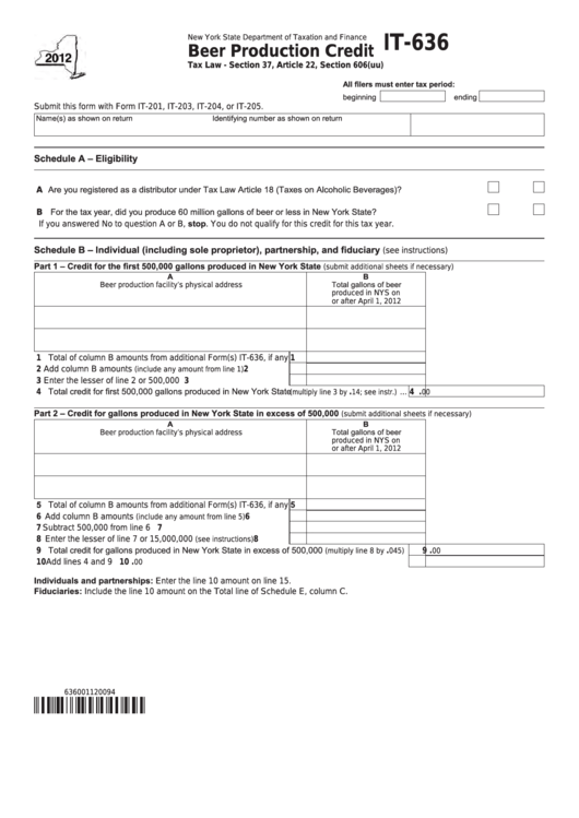 Fillable Form It-636 - Beer Production Credit - 2012 Printable pdf