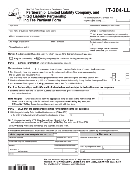 Form It-204-ll - Partnership, Limited Liability Company, And Limited Liability Partnership Filing Fee Payment Form - 2012