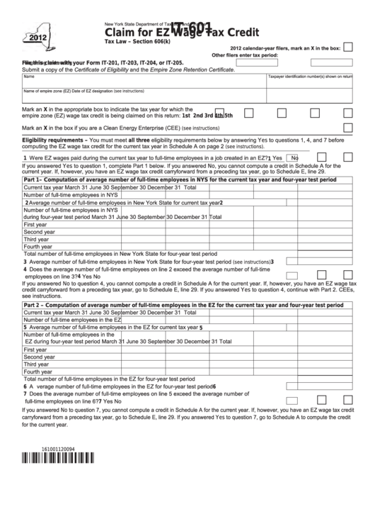 Fillable Form It-601 - Claim For Ez Wage Tax Credit - 2012 Printable pdf