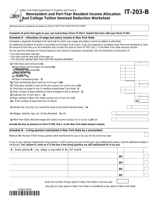 Fillable Form It-203-B - Nonresident And Part-Year Resident Income Allocation And College Tuition Itemized Deduction Worksheet - 2012 Printable pdf