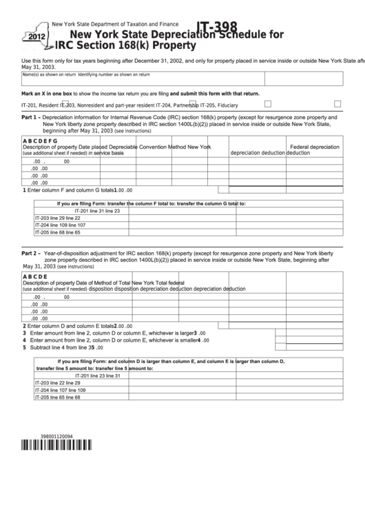 Fillable Form It-398 - New York State Depreciation Schedule For Irc Section 168(K) Property - 2012 Printable pdf