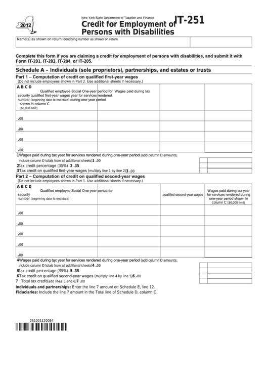 Fillable Form It-251 - Credit For Employment Of Persons With Disabilities - 2012 Printable pdf