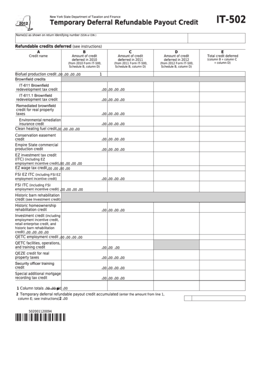 Fillable Form It-502 - Temporary Deferral Refundable Payout Credit - 2012 Printable pdf
