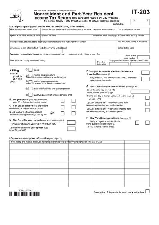 Fillable Form It-203 - Nonresident And Part-Year Resident - 2012 Printable pdf