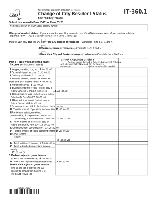 Fillable Form It-360.1 - Change Of City Resident Status - 2012 Printable pdf