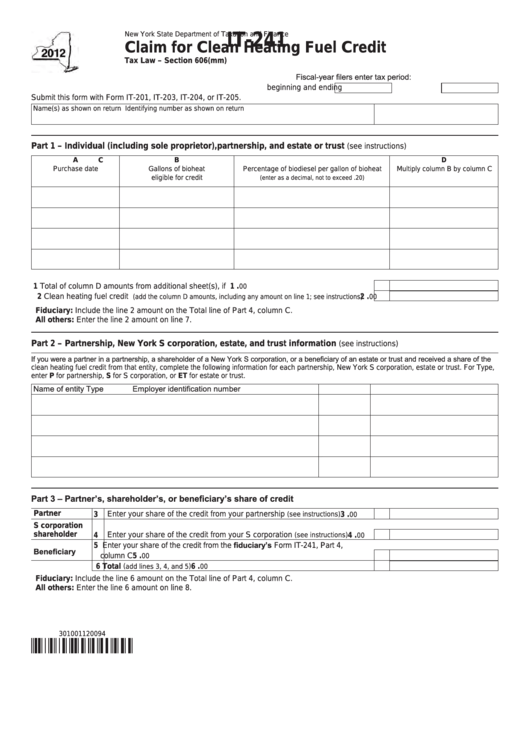 Fillable Form It-241 - Claim For Clean Heating Fuel Credit - 2012 Printable pdf