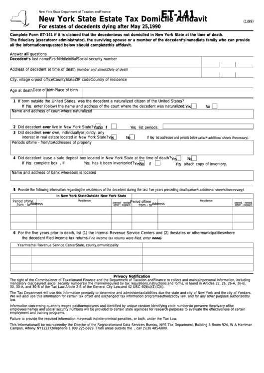 Form Et-141 - New York State Estate Tax Domicile Affidavit printable ...