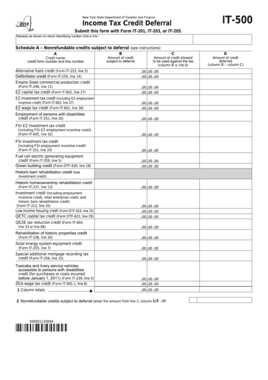 Fillable Form It-500 - Income Tax Credit Deferral - 2012 Printable pdf