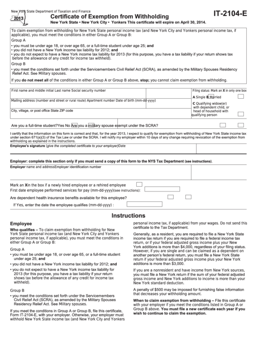 Fillable Form It-2104-E - Certificate Of Exemption From Withholding - 2013 Printable pdf