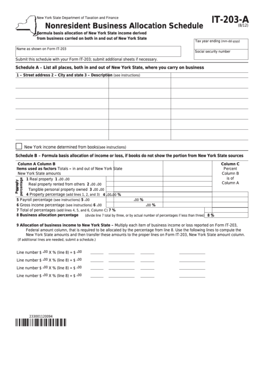 Fillable Form It 203 A Nonresident Business Allocation Schedule 