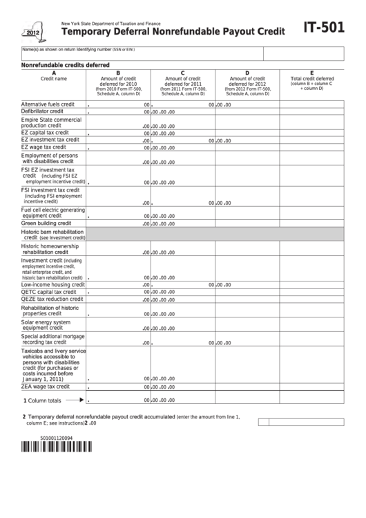 Fillable Form It-501 - Temporary Deferral Nonrefundable Payout Credit - 2012 Printable pdf