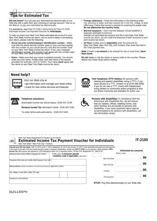Fillable Form It-2105 - Estimated Income Tax Payment Voucher For Individuals - 2013 Printable pdf