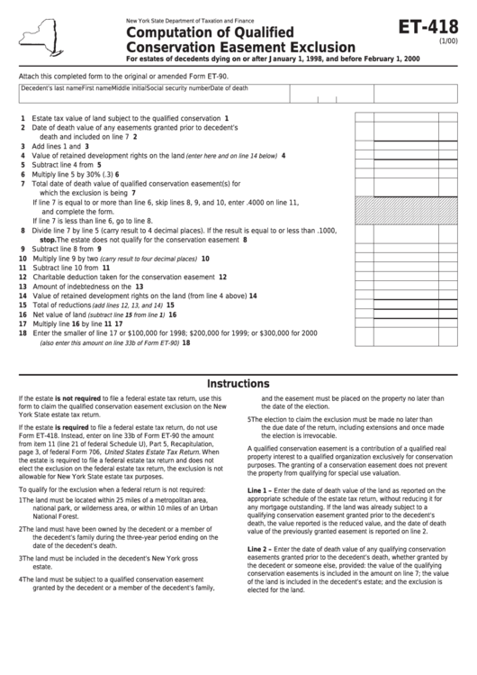 Form Et-418 - Computation Of Qualified Conservation Easement Exclusion Printable pdf