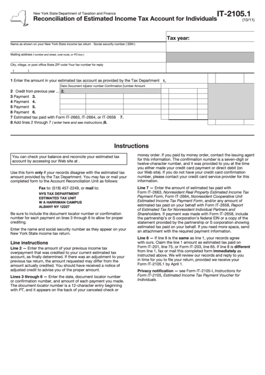 Fillable Form It-2105.1 - Reconciliation Of Estimated Income Tax Account For Individuals Printable pdf