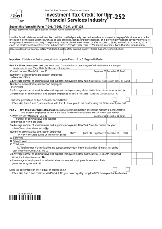 Fillable Form It-252 - Investment Tax Credit For The Financial Services Industry - 2012 Printable pdf