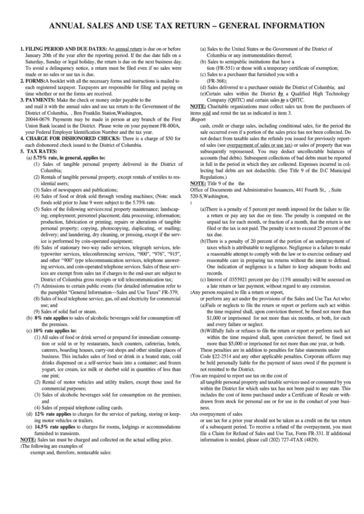 Intructions For Annual Sales And Use Tax Return - District Of Columbia, Washington Printable pdf