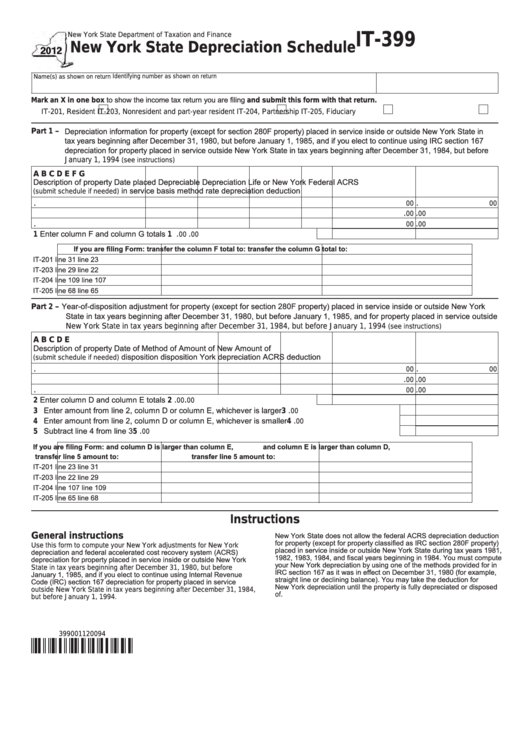 Fillable Form It-399 - New York State Depreciation Schedule - 2012 Printable pdf
