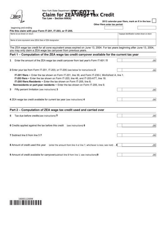 Fillable Form It-601.1 - Claim For Zea Wage Tax Credit - 2012 Printable pdf