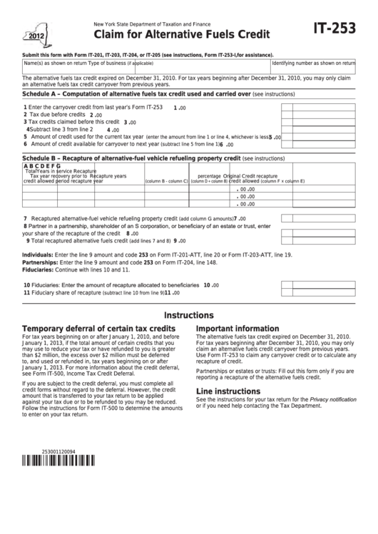 Fillable Form It-253 - Claim For Alternative Fuels Credit - 2012 Printable pdf