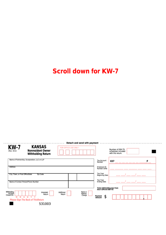Form Kw7 Kansas Nonresident Owner Withholding Return printable pdf