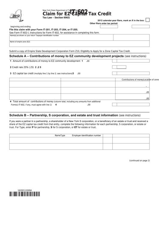 Fillable Form It-602 - Claim For Ez Capital Tax Credit - 2012 Printable pdf