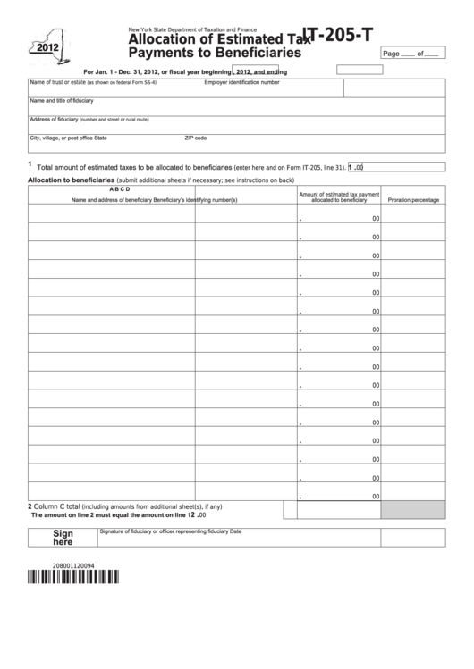 Fillable Form It-205-T - Allocation Of Estimated Tax Payments To Beneficiaries - 2012 Printable pdf