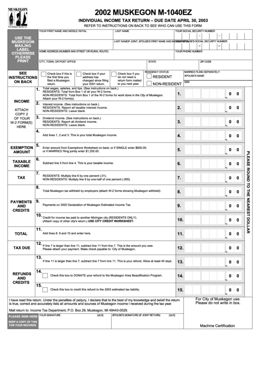Form M-1040ez - Individual Income Tax Return - City Of Muskegon, Michigan - 2002 Printable pdf