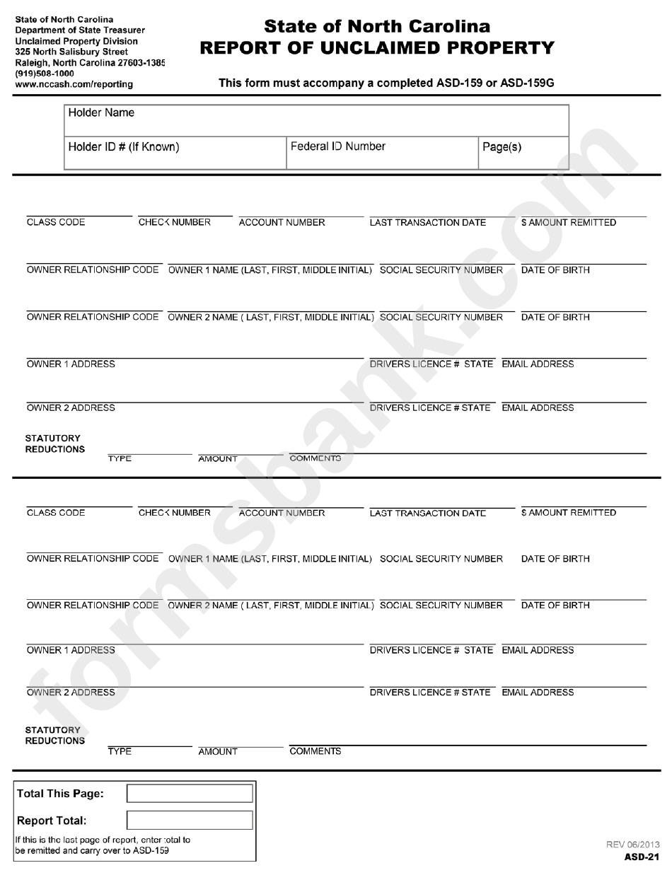 Form Asd-21 - Report Of Unclaimed Property - State Of North Carolina