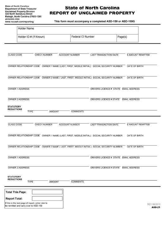 Form Asd-21 - Report Of Unclaimed Property - State Of North Carolina Printable pdf
