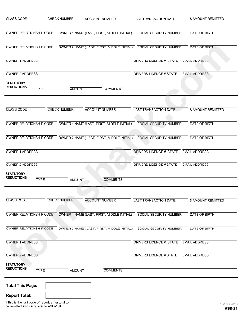 Form Asd-21 - Report Of Unclaimed Property - State Of North Carolina