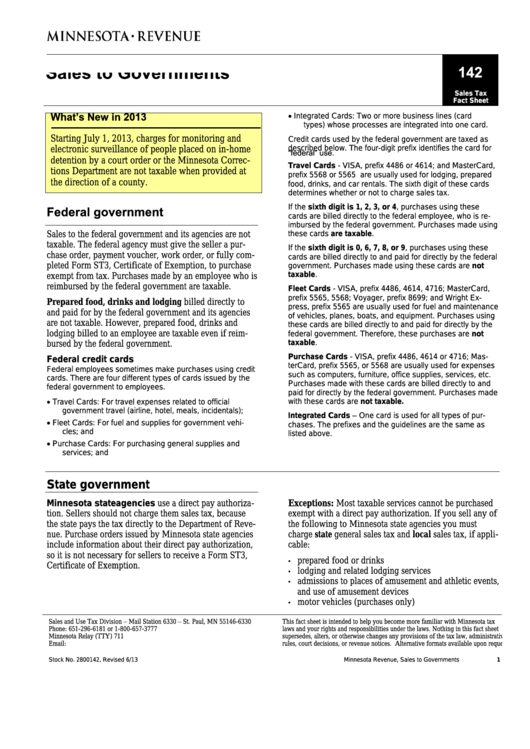 Sales Tax Fact Sheet - Sales To Governments - Minnesota Department Of Revenue Printable pdf