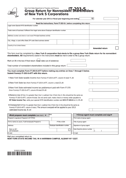 Fillable Form It-203-S - Group Return For Nonresident Shareholders Of New York S Corporations - 2012 Printable pdf