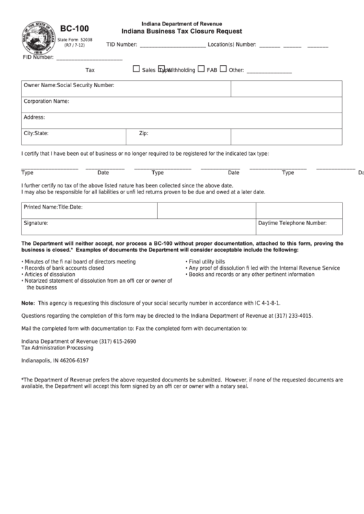 Fillable Form Bc-100 - Indiana Business Tax Closure Request Printable pdf