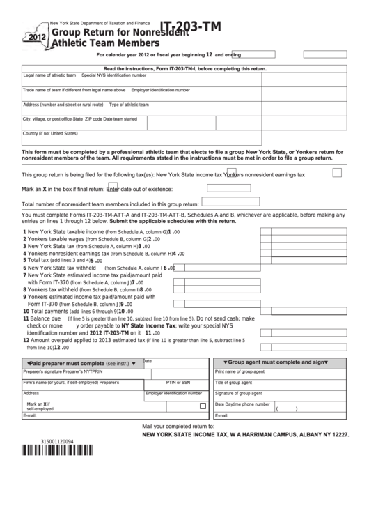 Fillable Form It-203-Tm - Group Return For Nonresident Athletic Team Members - 2012 Printable pdf