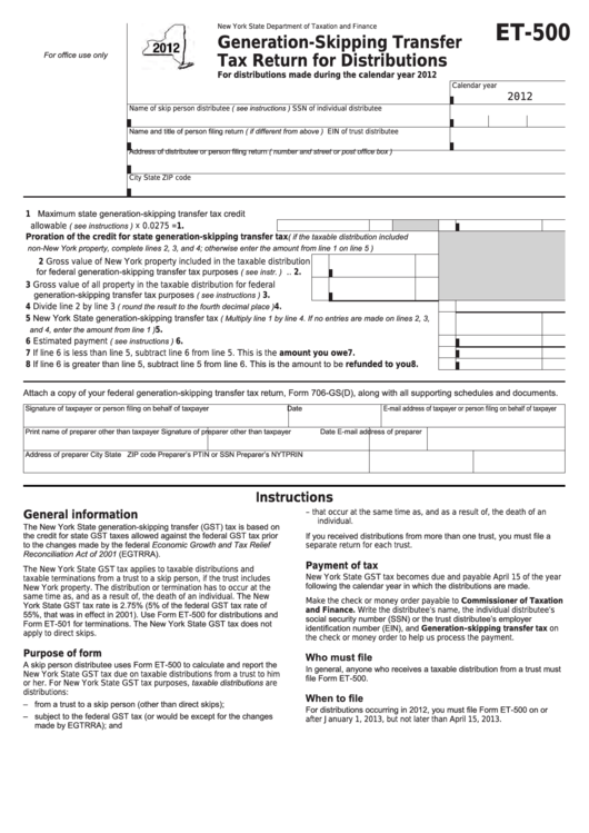 Form Et-500 - Generation-Skipping Transfer Tax Return For Distributions - 2012 Printable pdf