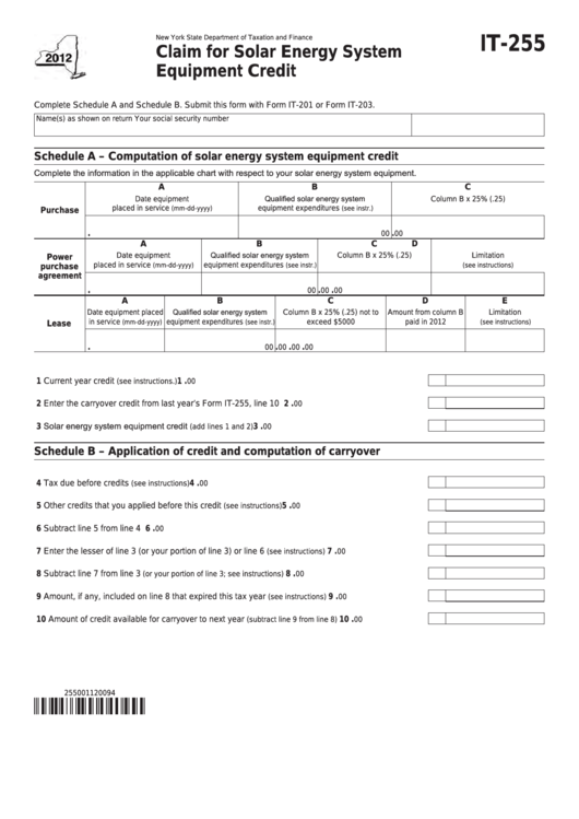 Fillable Form It-255 - Claim For Solar Energy System Equipment Credit - 2012 Printable pdf