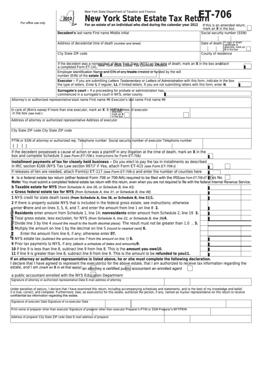 Form Et-706 - New York State Estate Tax Return - 2012 Printable pdf