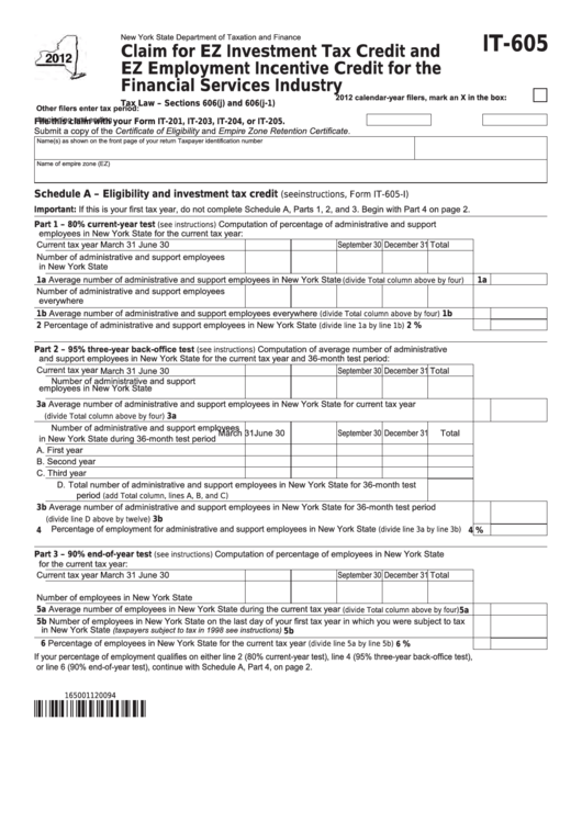 Fillable Form It-605 - Claim For Ez Investment Tax Credit And Ez Employment Incentive Credit For The Financial Services Industry - 2012 Printable pdf