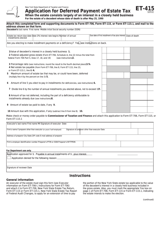 Form Et-415 - Application For Deferred Payment Of Estate Tax Printable pdf