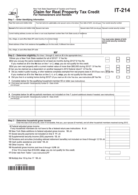 Fillable Form It-214 - Claim For Real Property Tax Credit - 2012 Printable pdf
