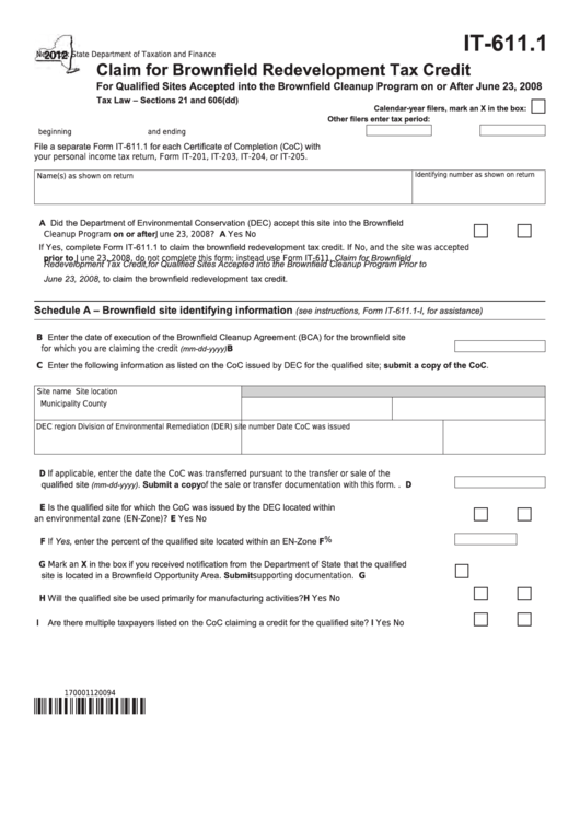 Fillable Form It-611.1 - Claim For Brownfield Redevelopment Tax Credit - 2012 Printable pdf