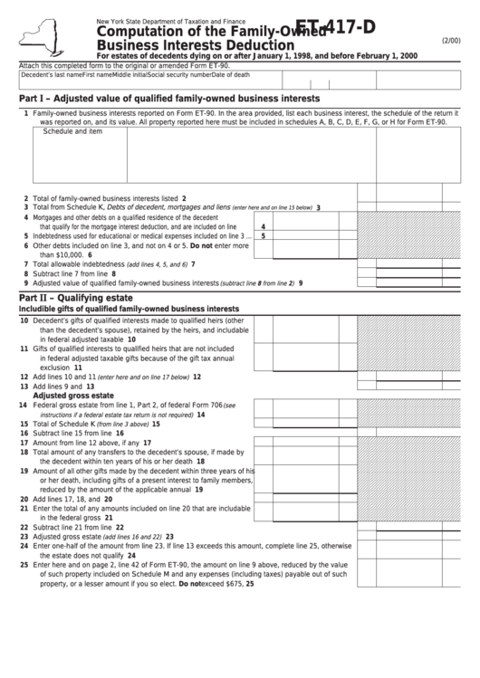 Form Et-417-D - Computation Of The Family-Owned Business Interests Deduction Printable pdf