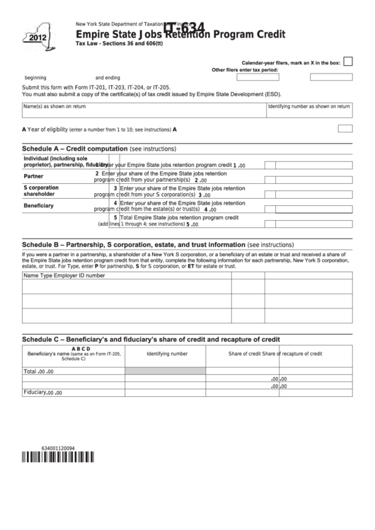 Fillable Form It-634 - Empire State Jobs Retention Program Credit - 2012 Printable pdf