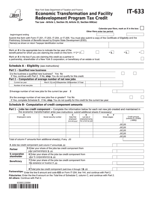 Fillable Form It-633 - Economic Transformation And Facility Redevelopment Program Tax Credit - 2012 Printable pdf