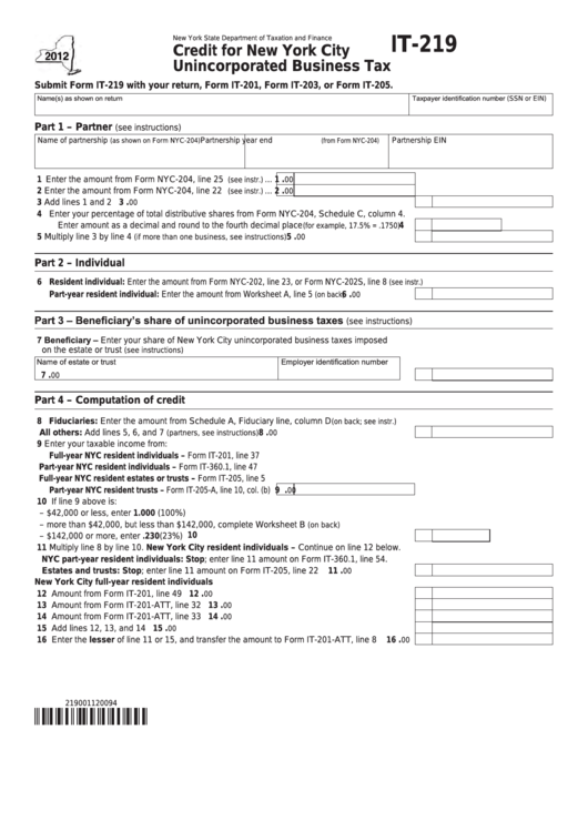 Fillable Form It-219 - Credit For New York City Unincorporated Business Tax - 2012 Printable pdf