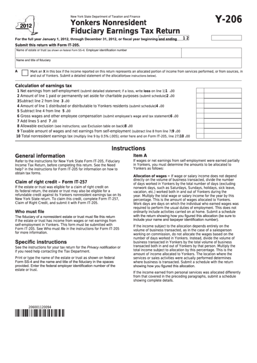 Fillable Form Y-206 - Yonkers Nonresident Fiduciary Earnings Tax Return - 2012 Printable pdf